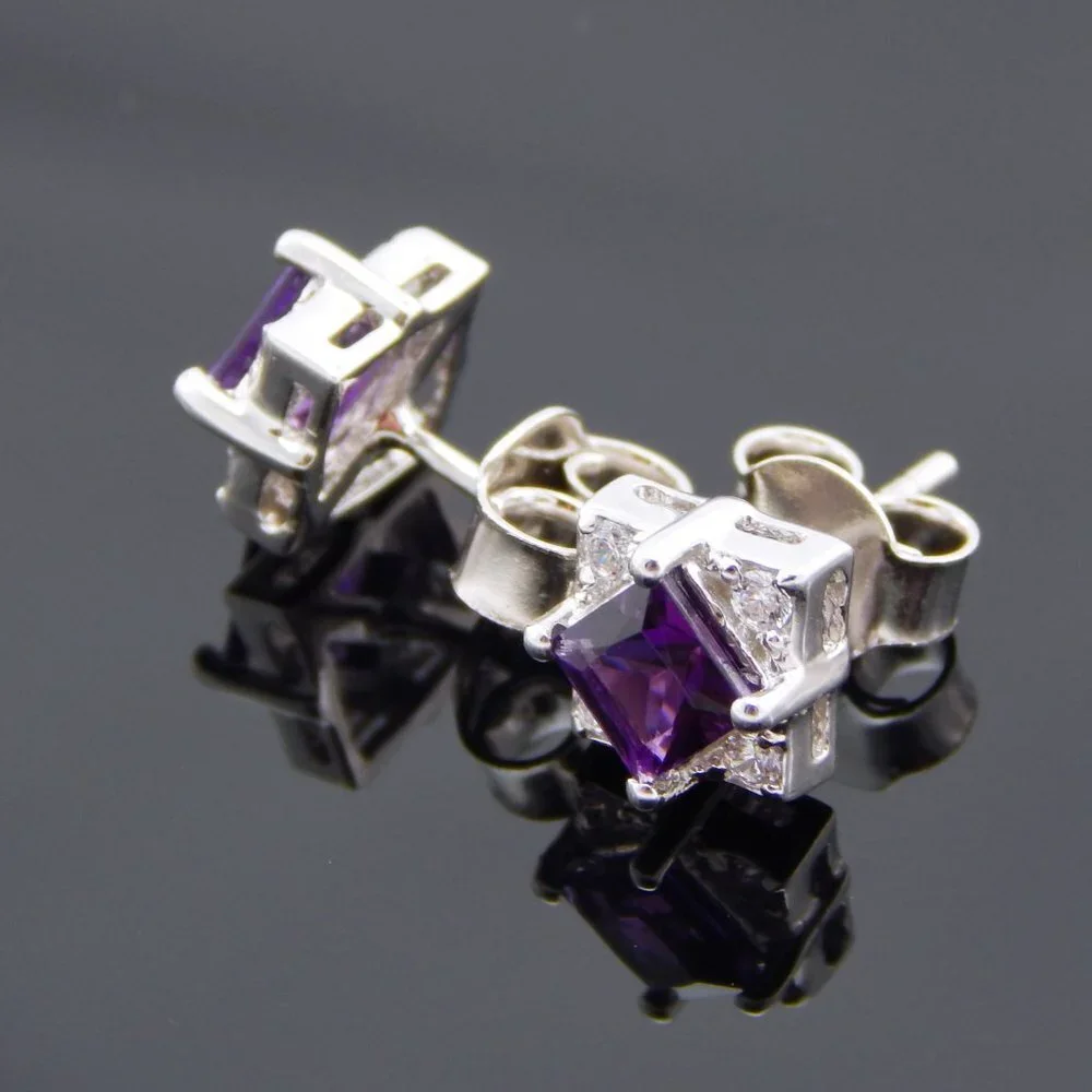 Genuine Amethyst Cushion Cut Earrings in 925 Sterling Silver - Picture 3 of 6